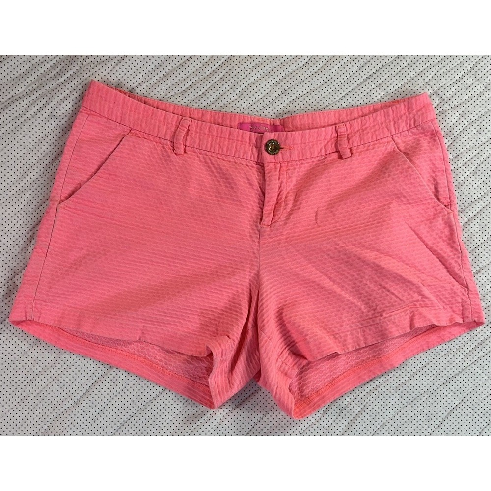 Lilly Pulitzer Shorts Pink Size 12 Women Seersucker Zip Gold Button Flat Cotton